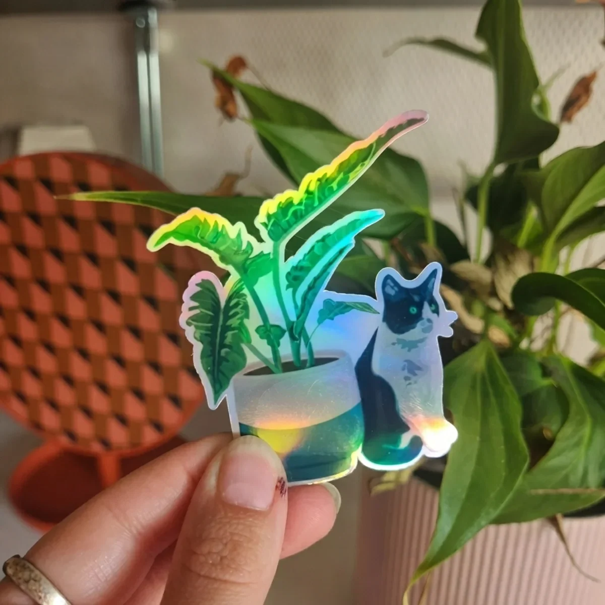 Gros plan sur l'autocollant irisé représentant un chat assis à côté d'une plante d'intérieur.