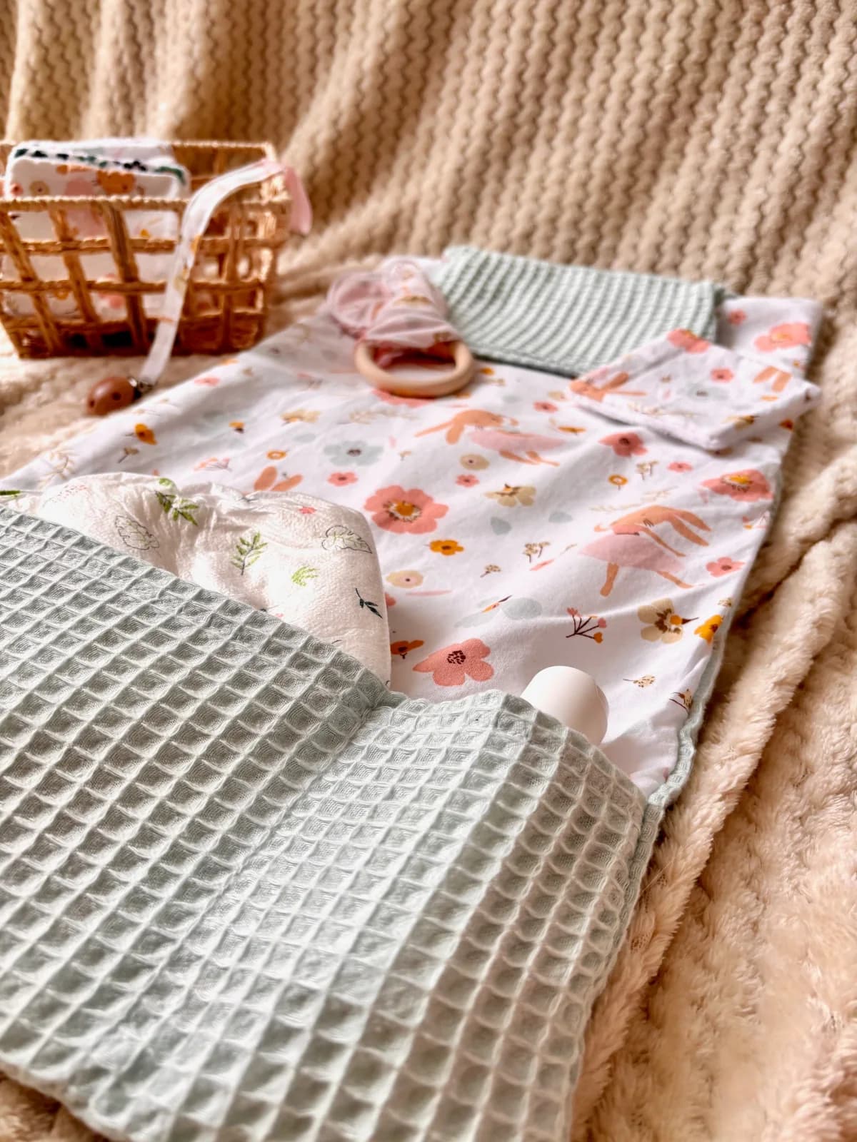 Vue plongeante du tapis à langer avec couche, flacon et anneau de dentition.