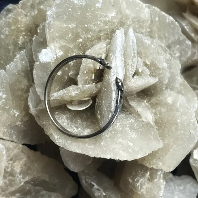 Vue de dessus de la bague en argent ajustable ornée de têtes gravées sur pierre minérale.