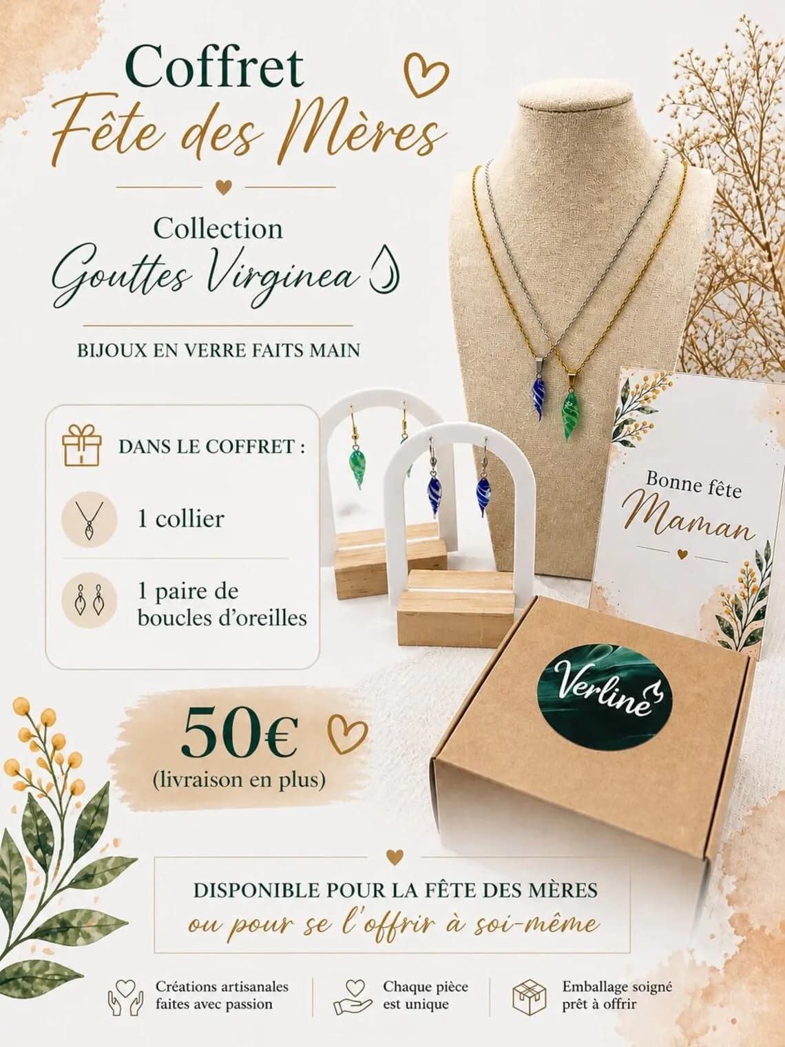 Présentation du coffret cadeau avec parure de bijoux en verre, boîte kraft et carte Bonne fête Maman.